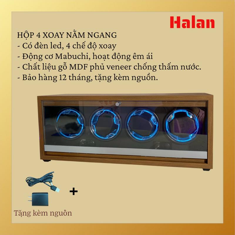   TẶNG KÈM ADAPTER  Hộp đựng đồng hồ 4 xoay ngang bằng gỗ - có đèn led - mở nắp tự dừng - 4 chế độ xoay. 