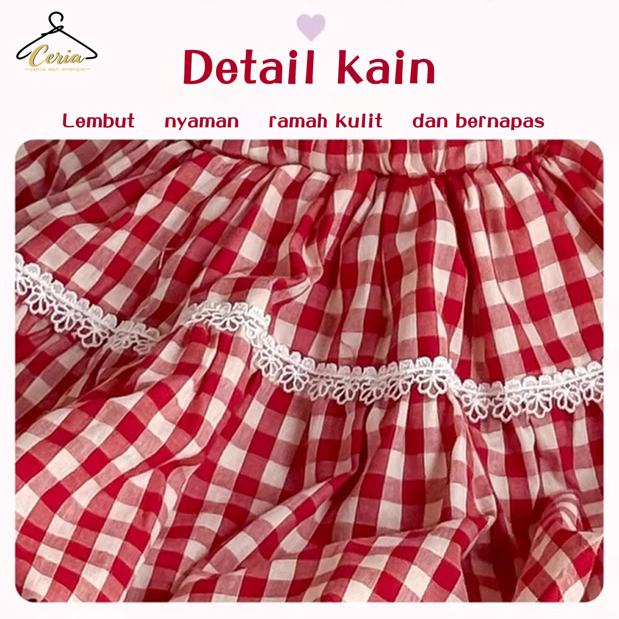 Ceria-Set Rok Angin Dopamin Anak Perempuan / Set Anak Perempuan Kotak-kotak Merah / Atasan Lengan Rumbai dan Rok Mengembang Dua Potong