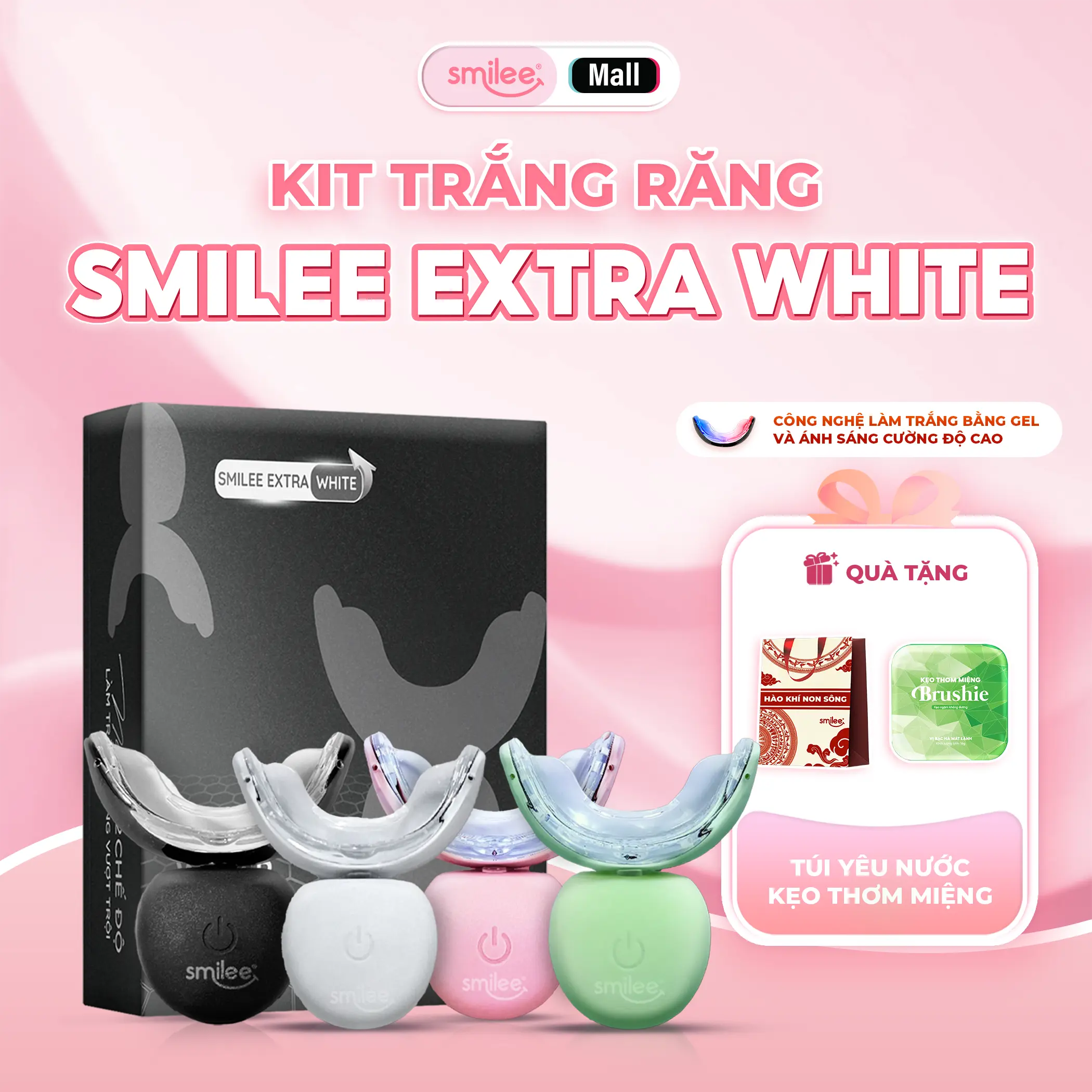 Bộ kit làm trắng răng tại nhà Smilee Extra White - Bảo hành 12 tháng - Hàng chính hãng - Tặng Túi kháng chiến, kẹo thơm miệng