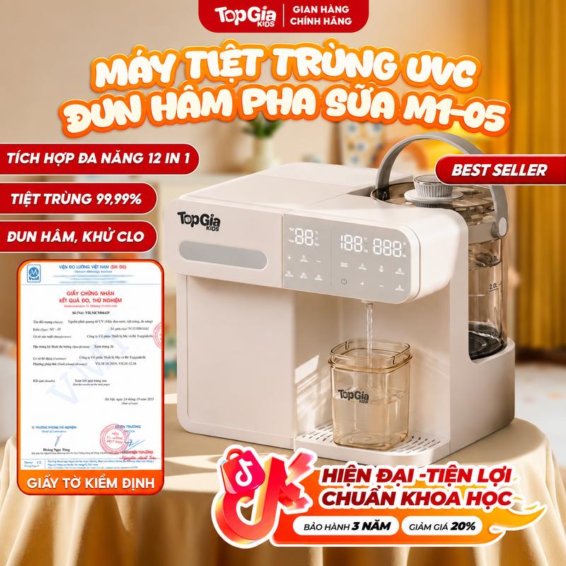 (RÓT NƯỚC TỰ ĐỘNG -  BẢO HÀNH 3 NĂM) Tích Hợp AI Máy Tiệt Trùng UVC Đun Hâm Rót Nước Đa Năng M1-05 Bản Premium | Bảo Hành 3 Năm – Lỗi 1 Đổi 1 Trong 30 Ngày. Tất cả trong một thiết bị – chăm bé nhẹ tênh chỉ với 1 nút chạm!