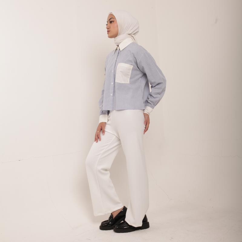 ELF STORE - ELEENA Kemeja Salure Crop Stripe Katun Oversized Atasan Wanita 2