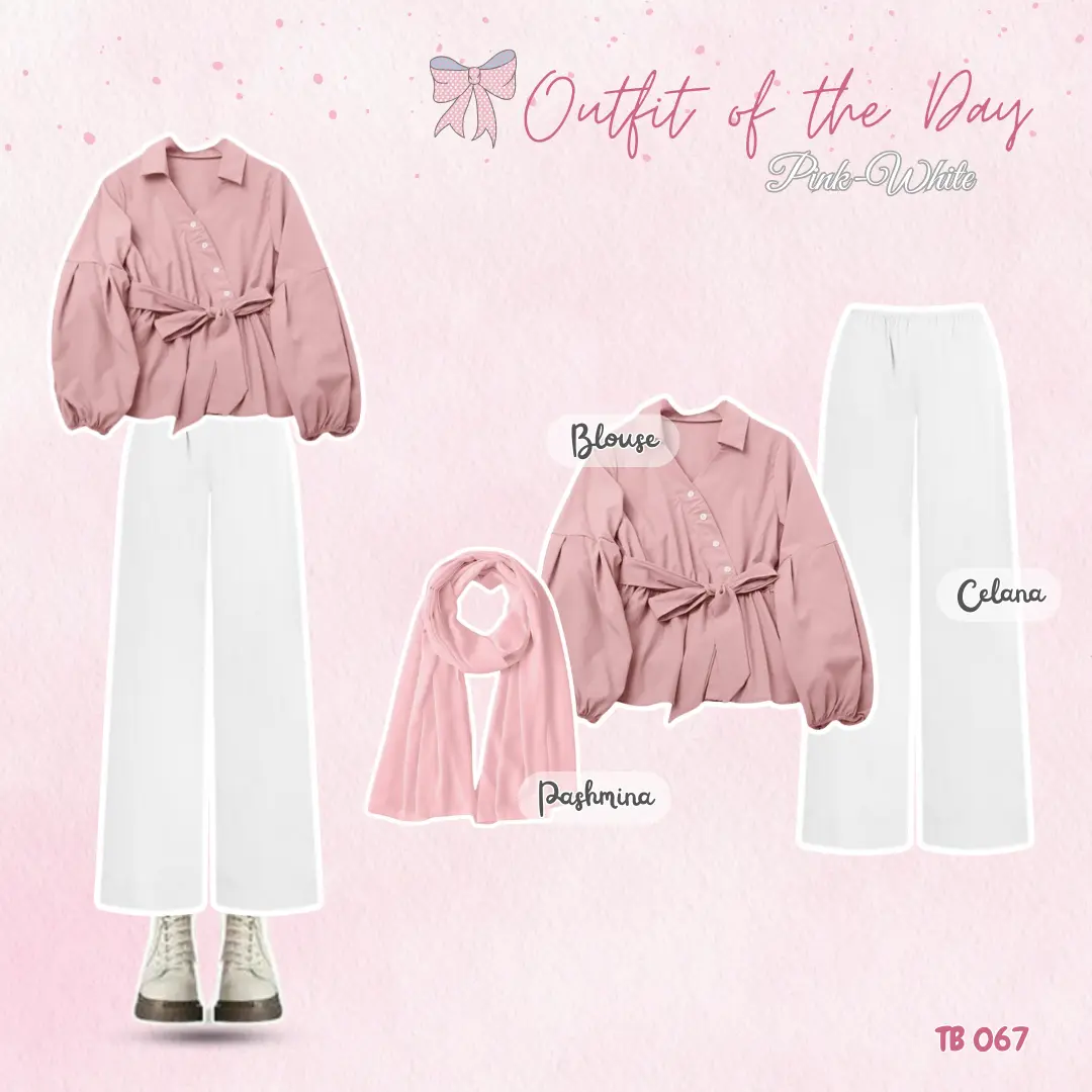 Setelan OOTD Pink-White 3 In 1 (Oary Blouse Pink, Celana Scuba Putih, dan Pashmina) TB 067