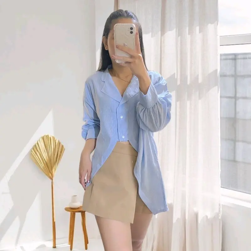 Cotton ( Blue ) 801 Angel Stripe Blouse Korean Style Baju Atasan Kemeja Katun Salur Wanita Korea Kekinian Minimalis Terbaru Elegan dan Modis Garis Garis Lengan Panjang Strip Crop Top Putih Plain Yellow Pastel Premium Hoppy Algiclo Posy id Official Store 1