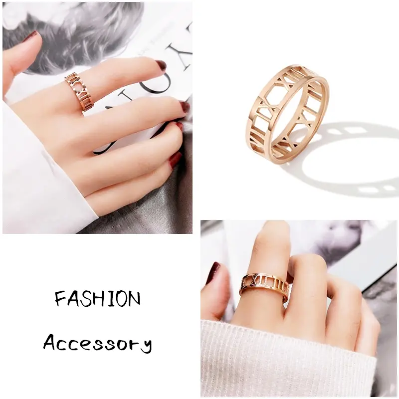 Simple Hollowed Roman Numerals Ring Stainless Metal Coating Female Jewelry Ring Women's Fashion Accessories Daily Elegant