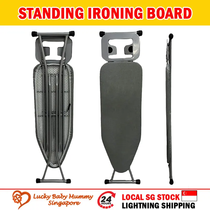 Standing Ironing Board with Premium Board Cover and Iron Rest - Retractable/Adjustable Height/Lightweight Accessory Pad
