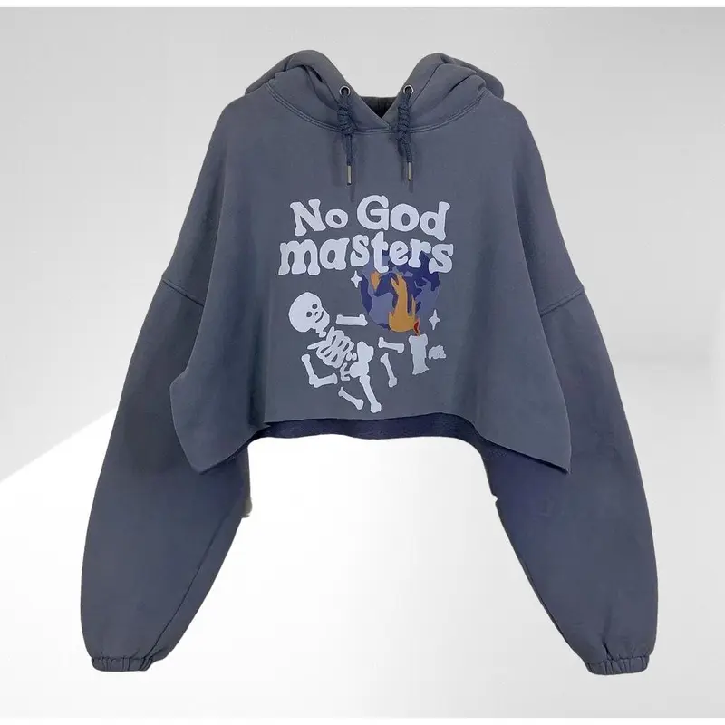 Sweater Wanita No God Hoodie Oversize Fleece Crop Crewneck Fit Basic Denim Sweatshirt Oblong 1