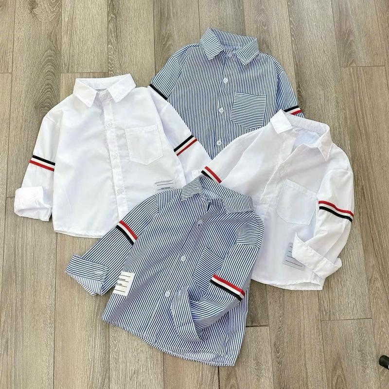 ÁO sơ mi THOM dài tay  hai màu xanh-trắng cho bé trai chất thô lụa chất chơi sành điệu cho bé đi học đi chơi sz 8-25kg có thể giặt máy Có Cổ