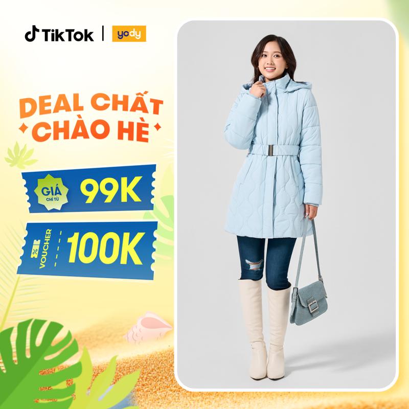 YODY Áo Phao Nữ Dáng Dài Lỡ Trần Sóng Mũ Rời PVN7032