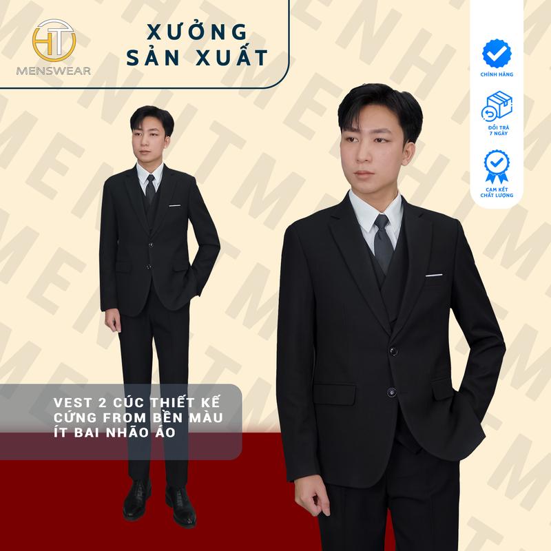Bộ vest Nam HTMenswear 2 cúc chất liệu vải 79 dày dặn gia công may kỹ Áo Đen - Slimfit ôm sát đai cáp trượt tiên tiến - Pants Kem Sơ Mi Quần Âu