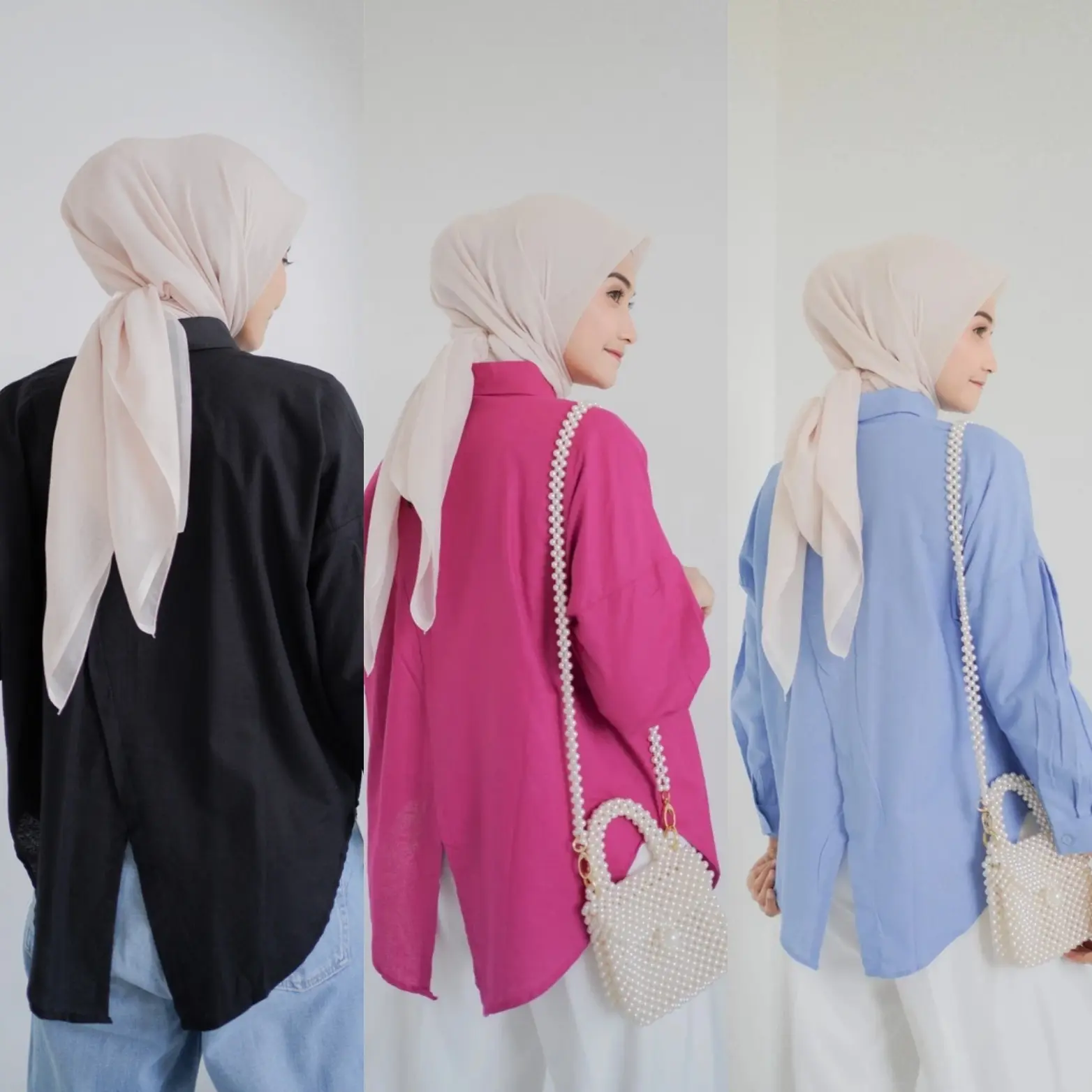 Baju Kemeja Atasan Hem Kerah Hitam Linen Lengan Panjang Oversize Korean Style Wanita Kantor Kekinian