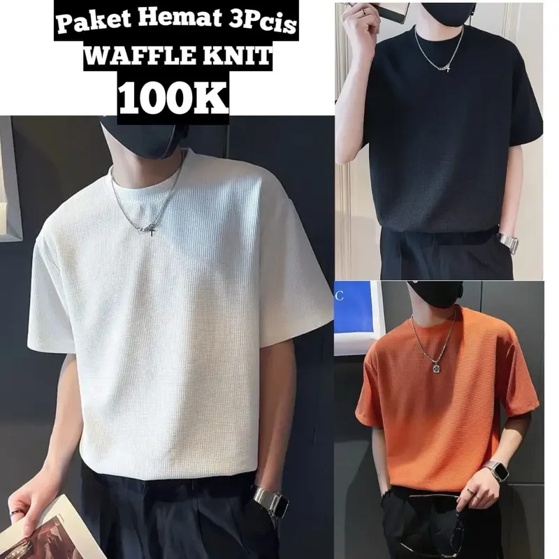 Paket Hemat 3Pcis Kaos Waffle Knit Lengan Pendek Pria - Baju Knitwear Hitam baju distro Jaket 4