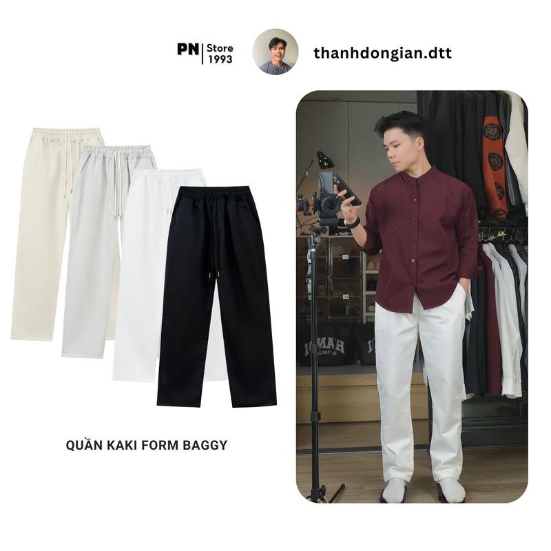 PN Store x Thành Đơn Giản Quần Kaki Baggy Ống Suông,Vải kaki Không Co Rút Không nhăn PN. STORE 1993 Quần Dài Cạp Chun Unisex Nam Nữ
