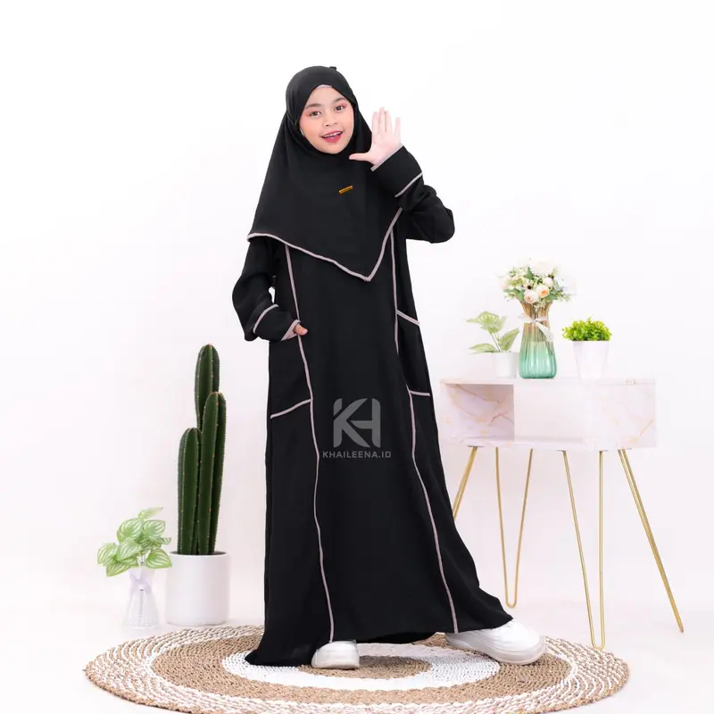 Abaya Anak Set Hijab Baju Gamis Anak Perempuan Umur 5-13 Tahun Model Kombinasi List - Crinkle, Airflow Dress Muslim Variasi Hitam Putih Brown Maroon 2
