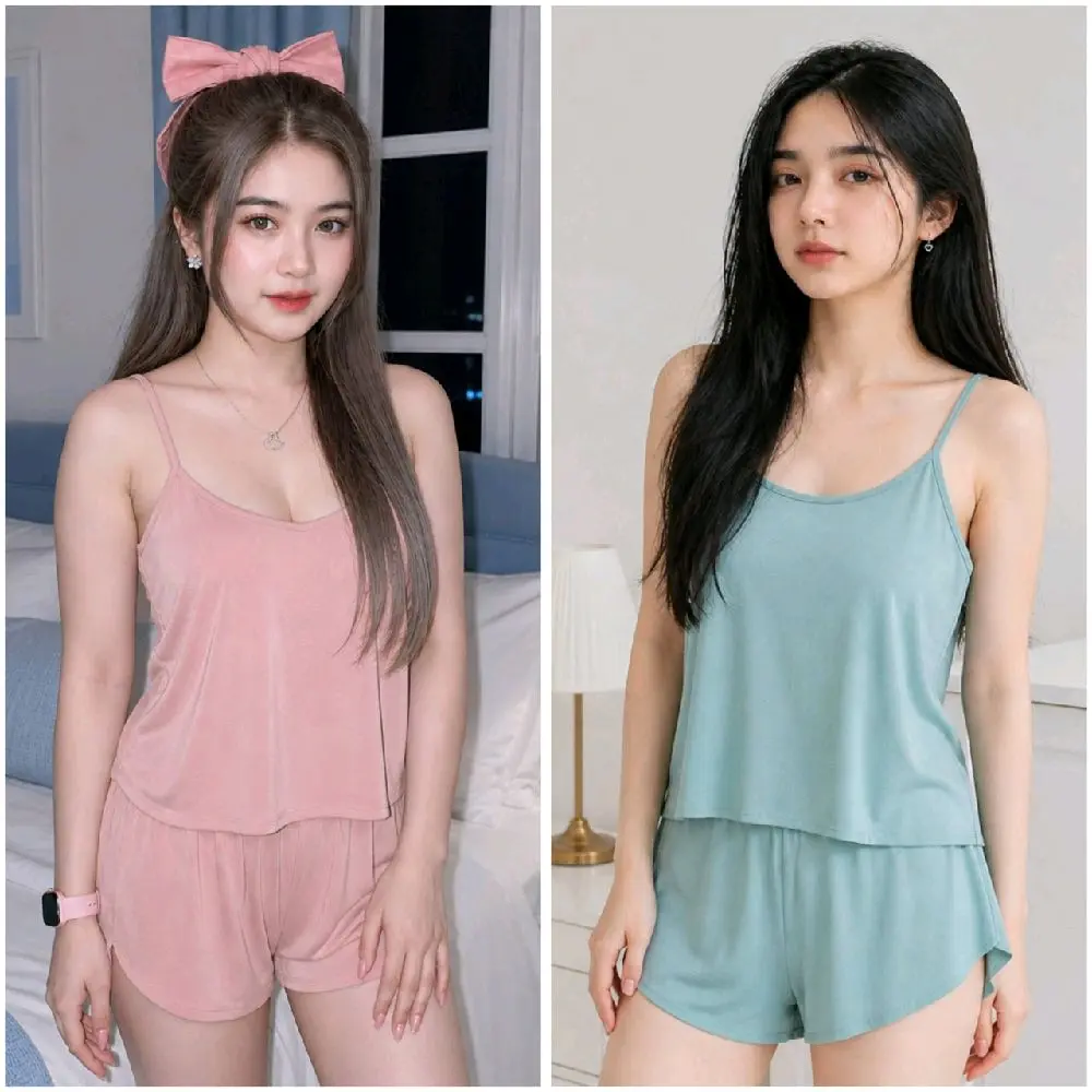 ST01 setelan tanktop polos all size wanita baju tidur santai bahan adem nyaman tanktop set polos katun fit to L