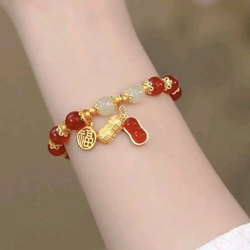 Gelang Giok Keberuntungan Kacang Merah Titanium Perhiasan Manik Vintage - Bracelets, Hadiah - 16cm
