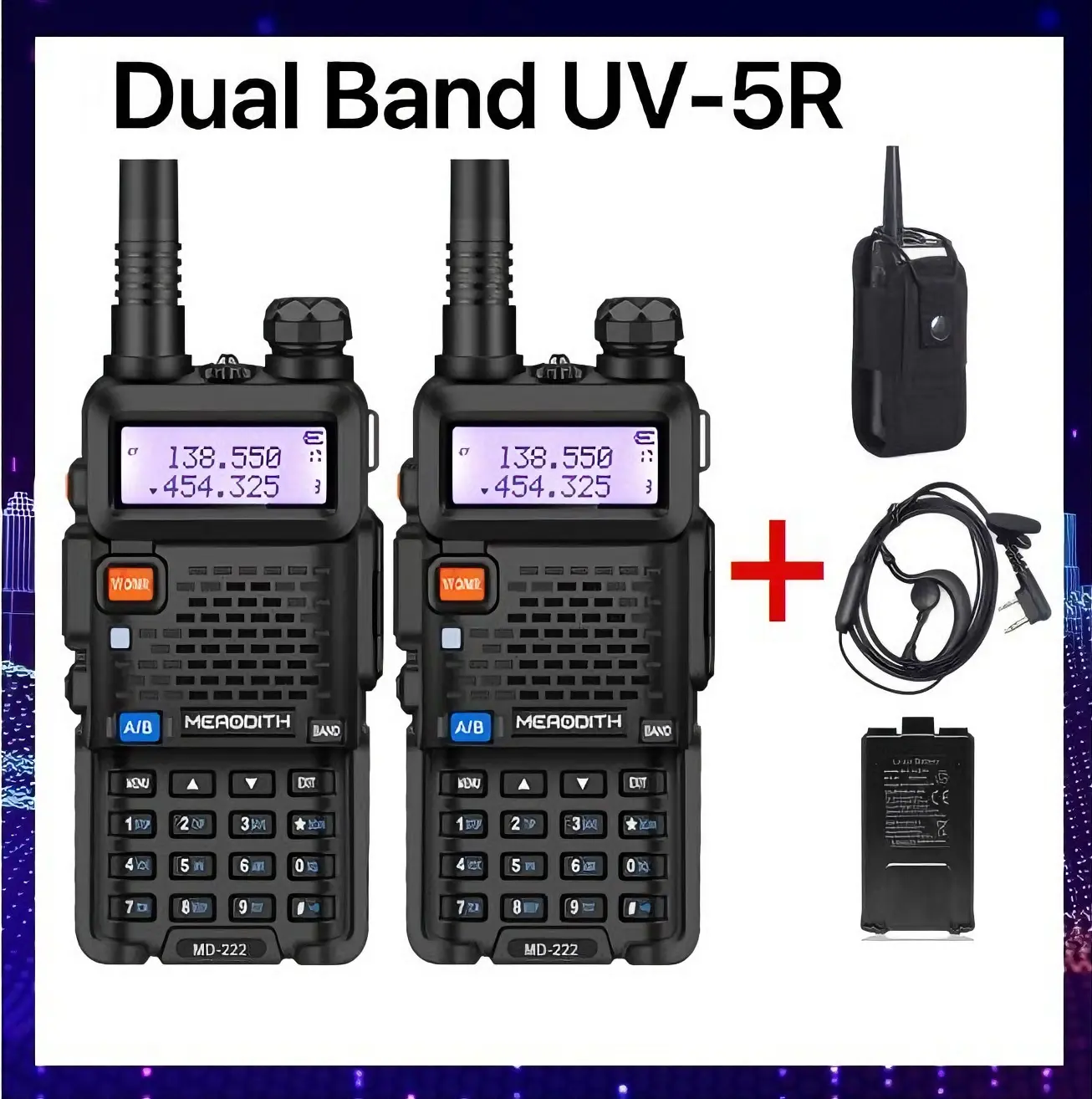 (COD)HT UV5R Walkie talkie Headset Set UHF/VHF dual band Handy Talky jarak jauh 128CH 5W MERODITH Walky Talky Hitam Antena Led
