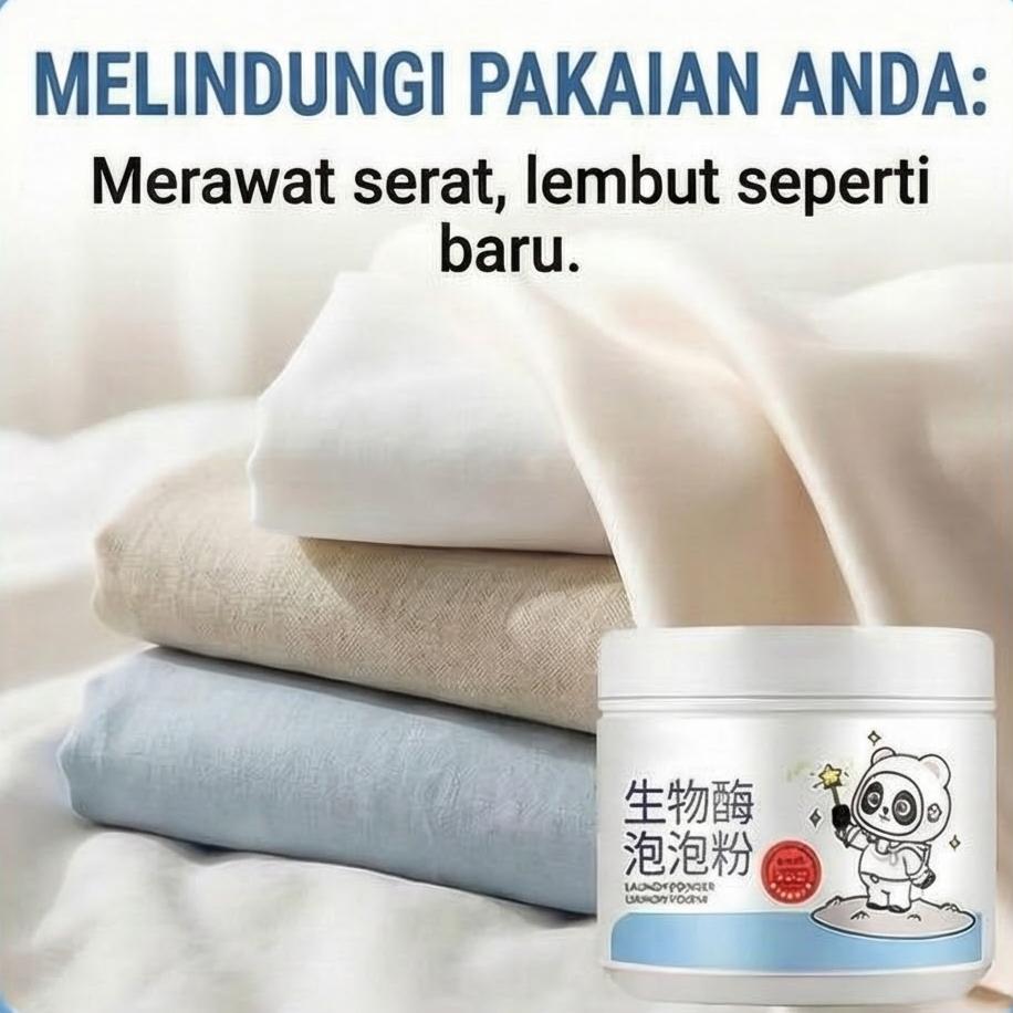Bubuk gelembung alkohol bioenzimatik, pembersih pemutih yang kuat, penghilang noda dan penguning, dengan teknologi oksigen aktif baru dan formula yang ditingkatkan.