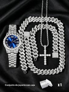 Set de reloj de lujo estilo punk con collar, pulsera y colgante de cruz, correa ajustable, unisex, adecuado para todas las estaciones