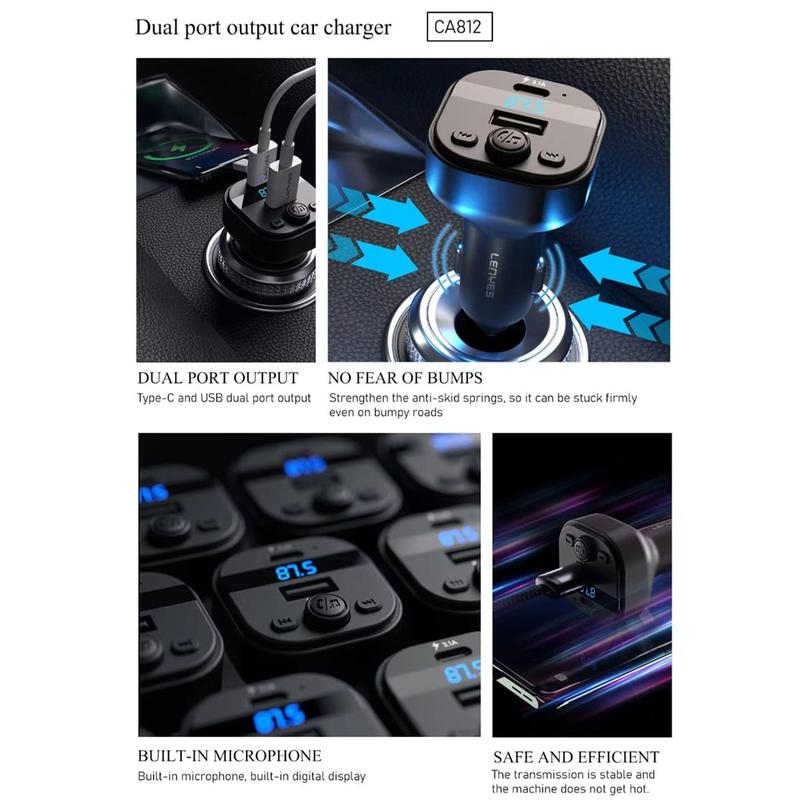 Product Introduction of LENYES Car Charger FM Transmitter CA812 Bluetooth 5.3 Modulator Adaptor Mobil Dual Port USB + Type C With Mic 4