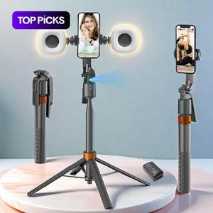 スマートなフェイストラッキングセルフィースティック、2つのフィルライト付きの充電式360回転可能な自動フェイストラッキング電話ホルダー、Vlog録画用の電話アクセサリー、ライブストリーミング