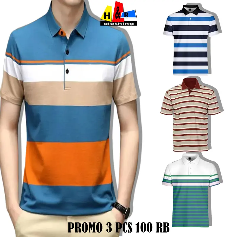 Promo Beli Dapat Kaos Kerah Pria Motif Salur Mix Warna Kaos