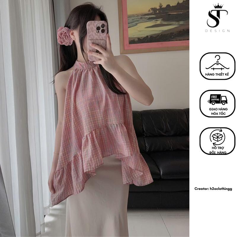 Áo yếm cổ trụ họa tiết caro hai vạt - ST Design - A09.