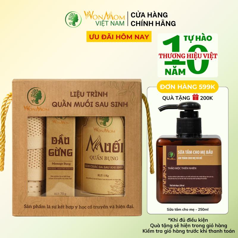 Combo Muối Thảo Dược Quấn Bụng Sau Sinh Cỡ Nhỏ Wonmom 1 hủ muối quấn bụng + 1 gen nịt bụng + 1 đai quấn muối + 1 dầu gừng massage