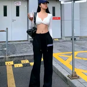 Women's Twist Front Crop Tops Sexy Deep V Neck Bodycon Shirt Slim Long Sleeve Streetwear