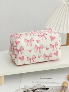 Bolsa de maquillaje con patrón de moño y corazón, de gran capacidad, bolsa organizadora de cosméticos con cierre, bolsa versátil para almacenar maquillaje, accesorios y más, ideal para viajes y uso diario de mujeres