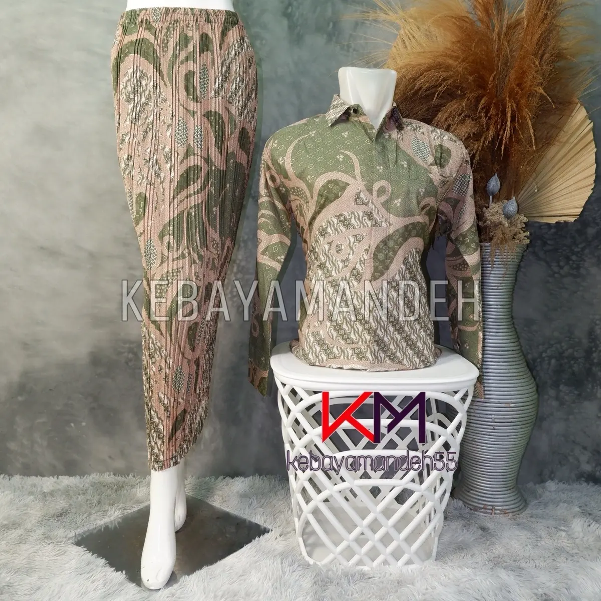 kebayamandeh+ROK PLISKET BATIK DAN KEMEJA BATIK+BATIK [ Panjang Tangan Setelan Baju Atasan ]