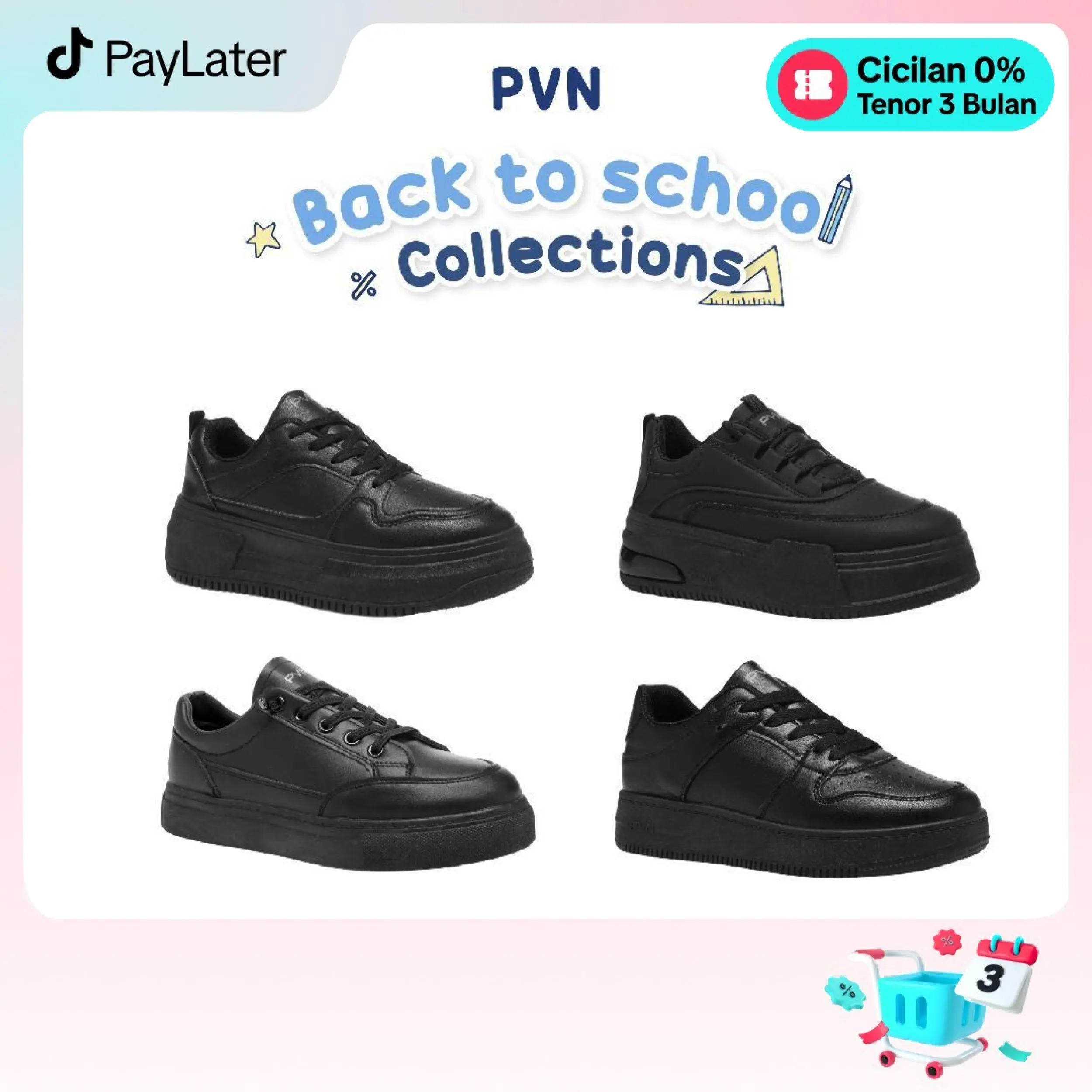 PVN Jeno Back To School Sneakers Sepatu Sekolah Hitam Polos Wanita Black Collection