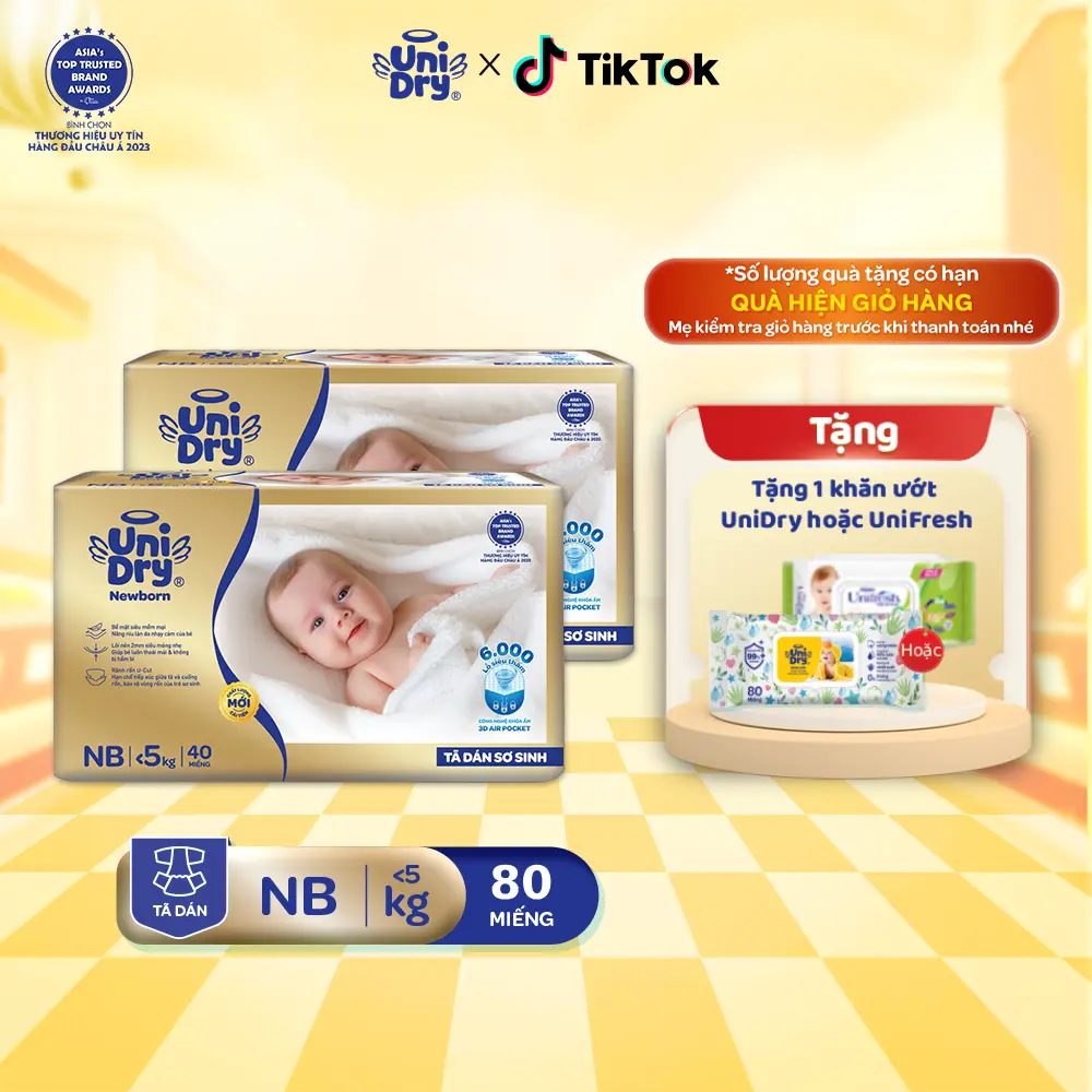 Combo 2 tã dán sơ sinh UniDry Supreme siêu mỏng chỉ 2mm - NB40 Cho Bé