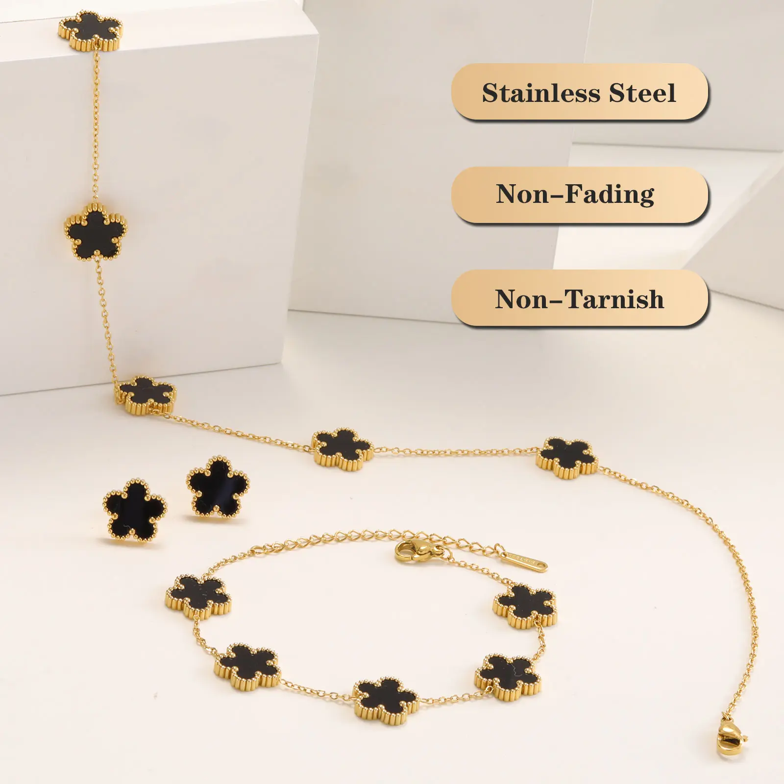 Kalung Cangkang Hitam Oxygen van cleef Untuk Wanita, Kalung Bertuah Bunga, Kalung Hadiah Aksesori  Tahan Karat  Set Barang Kemas Anting-Anting Gelap indian  wedding Jewelry