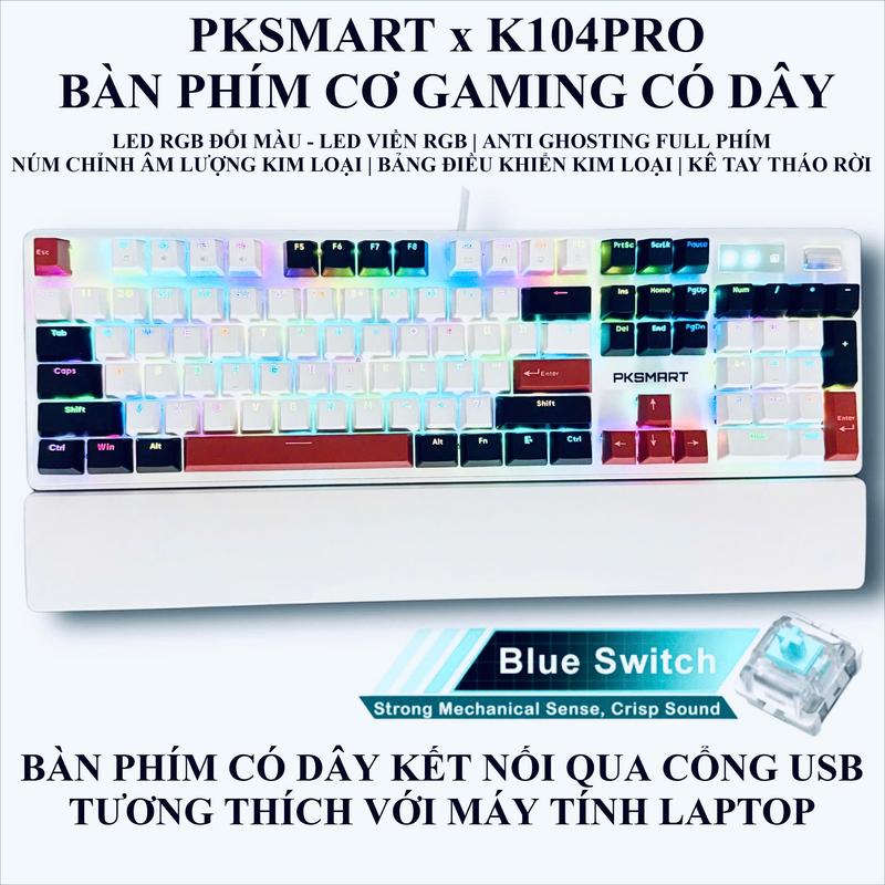 Bàn Phím Cơ Gaming Có Dây - PKSMART K104PRO - LED RGB 15 Hiệu Ứng Và 8 Màu LED Đơn - Anti Ghosting Full Phím - Blue Switch - Kê Tay Tháo Rời