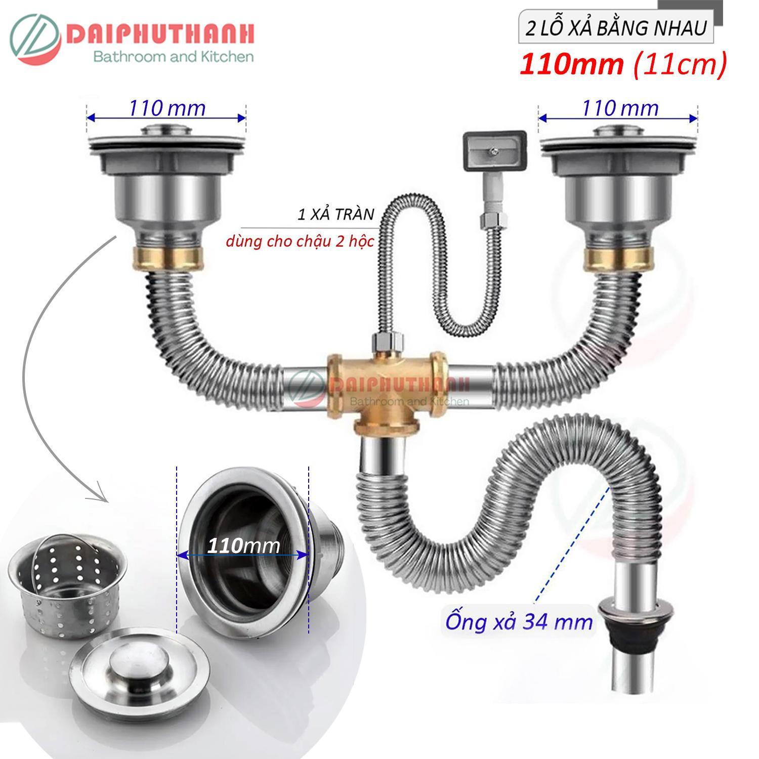 Bộ Xả Chậu Chén Xi Phông Inox 2 Hộc Phụ Kiện Thau Chịu Nhiệt Cao Thoát Nước Nhanh - Loại 2 lỗ xả bằng nhau phi 110 và 140, 1 xả tràn