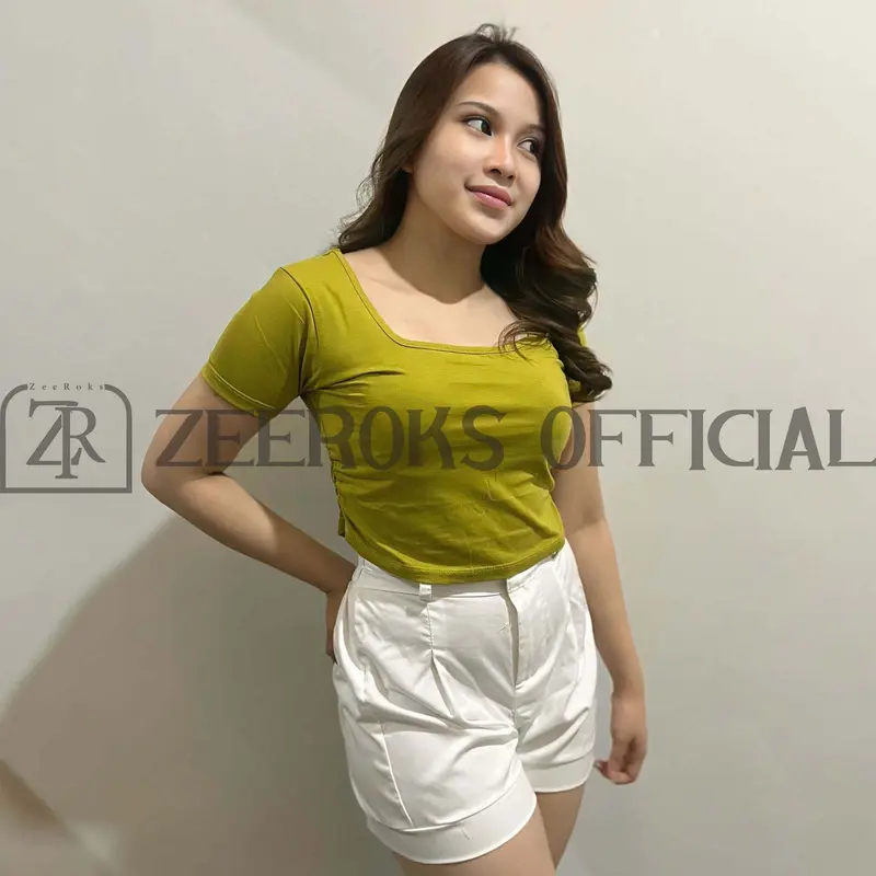 ZEEROKS Baju Wanita Crop Top Polos Kerah Kotah Samping Kerut Bahan Cotton Combed 3
