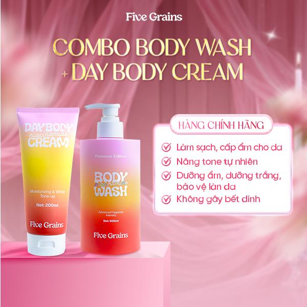 Combo 2 Món Giúp Dưỡng Trắng Body Five Grains Sữa Tắm 500ml và Kem Body Ngày 200ml Làm Sạch Nâng Tone Dưỡng Ẩm Niacinamide Alpha Arbutin - A07