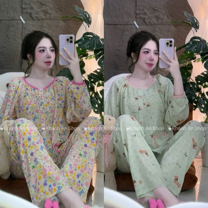 KA98 - Bộ Đồ Ngủ Nữ Vải Tole Lanh Áo Cổ Tròn Phối Viền Màu Mẫu Tay Dài Họa Tiết Dễ Thương nhiều màu sắc Size từ 40-75kg