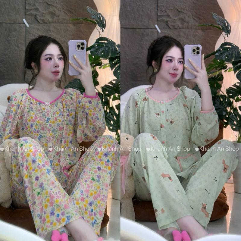 KA98 - Bộ Đồ Ngủ Nữ Vải Tole Lanh Áo Cổ Tròn Phối Viền Màu Mẫu Tay Dài Họa Tiết Dễ Thương nhiều màu sắc Size từ 40-75kg