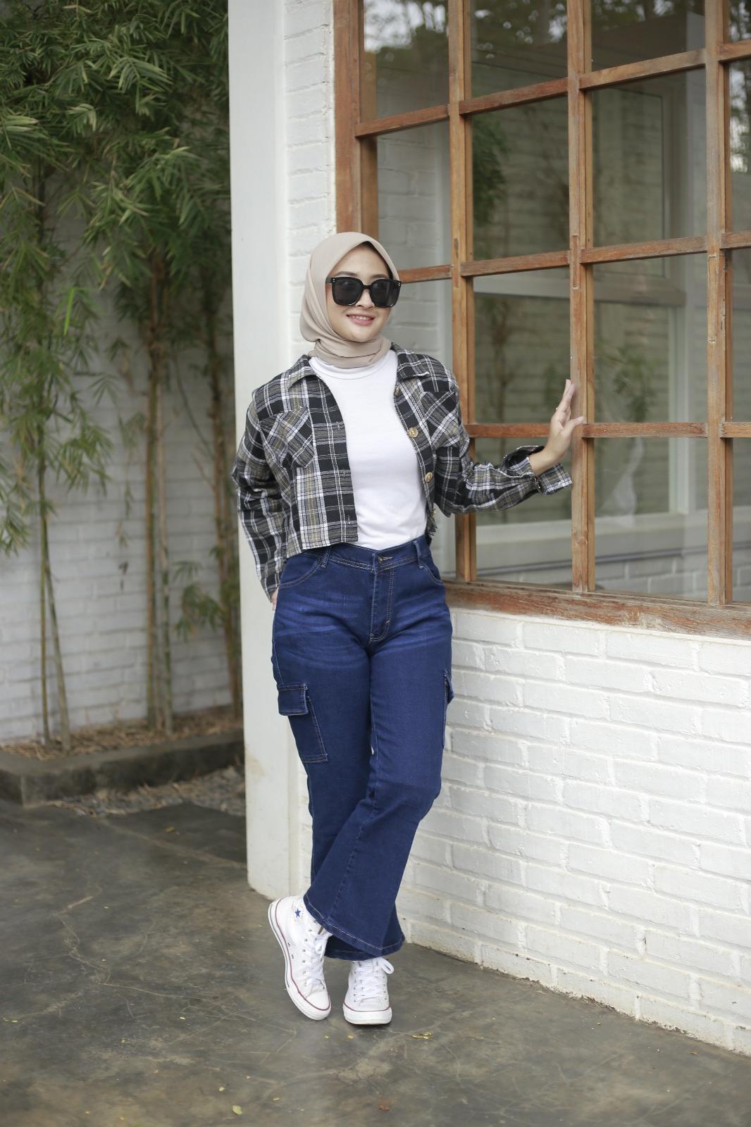 Celana Jeans Cutbray Cargo Wanita Panjang Cewek Denim Biru