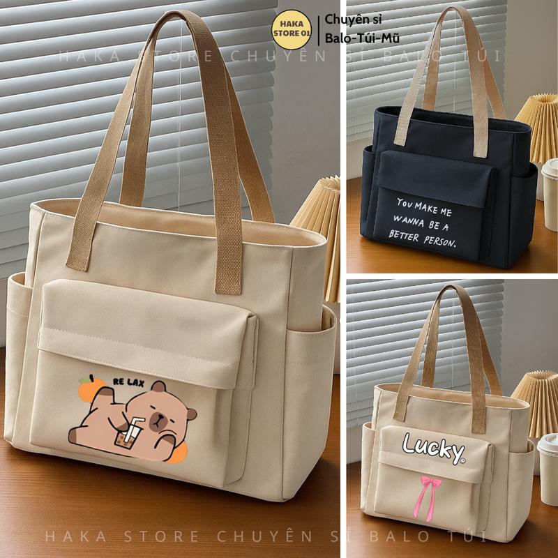 Túi vải tote túi đeo vai túi vải canvas có khóa miệng phong cách Hàn Quốc form to in hình hoạ tiết dễ thương Bag Nữ Hoa Chữ Nhật Hình Chữ Nhật