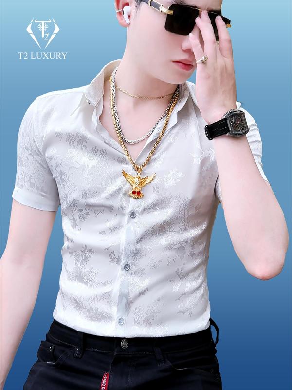 Sơ Mi Nam Trắng Cộc Tay Vải Gấm Họa Tiết Nổi Lấp Lánh Sang Trọng Có hoa Áo Menswear