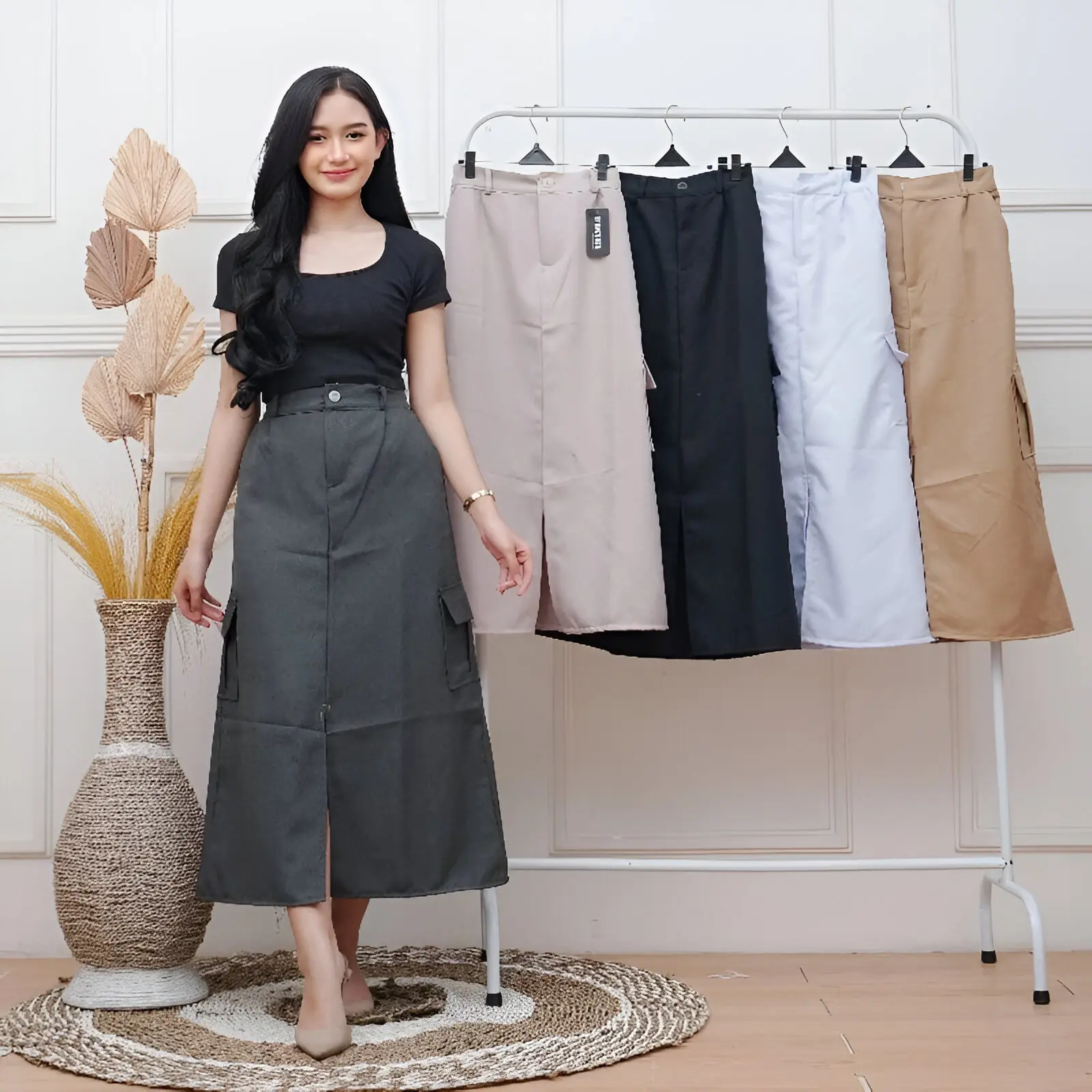 Rok Cargo Wanita Panjang Belah Tengah Katun Twill Highwaist Korean Stail Kekinian