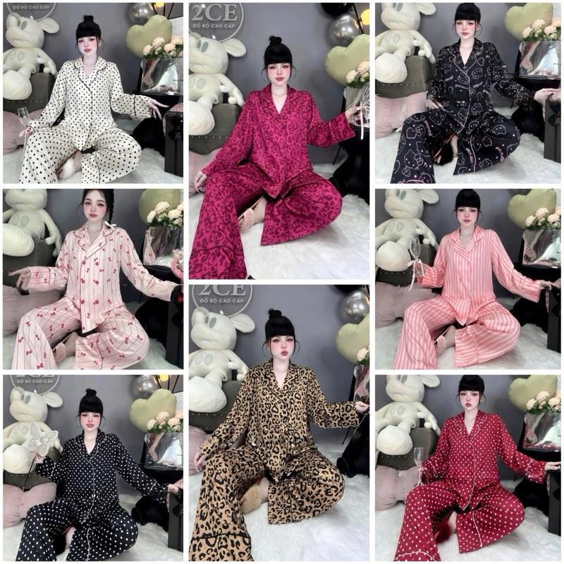 50-75kg Set bộ pijama Cổ Vest 6 nút Tay Dài Quần Dài sang chảnh chất Lụa Latin cao cấp Bigsize Nữ