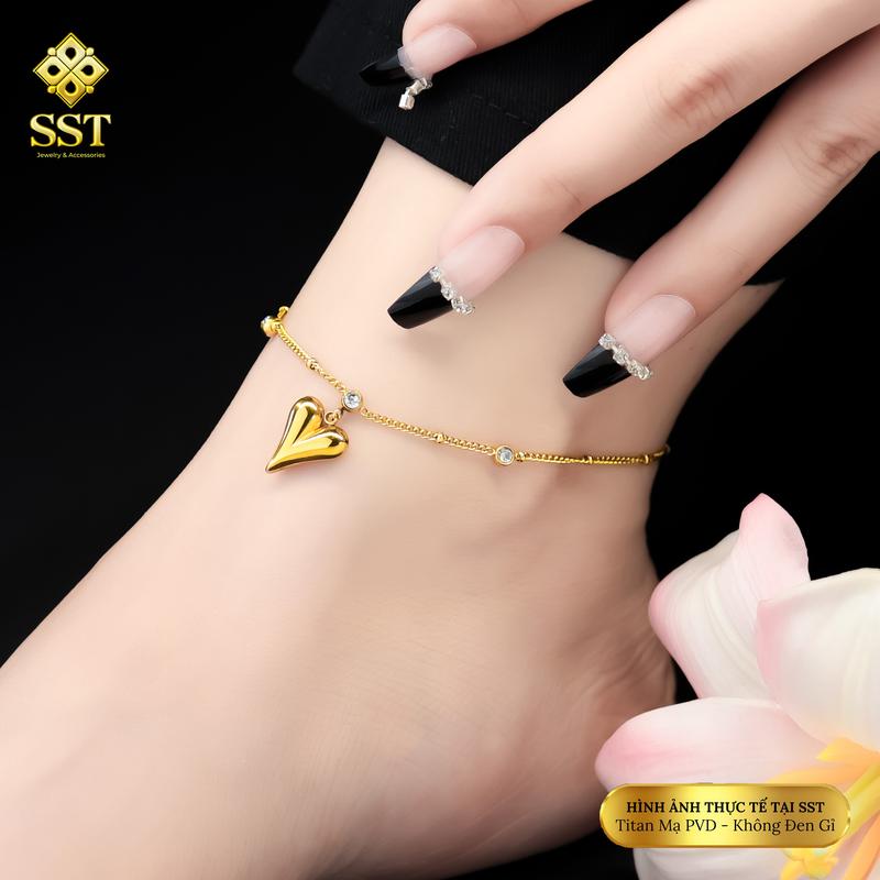  Lắc chân Nữ Titan SST Charm trái tim phối charm bi Đính Đá Không Đen Gỉ LC13 