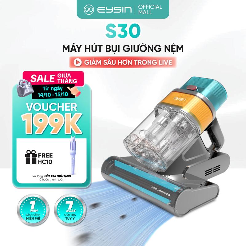 EYSIN Máy Hút Bụi Giường Nệm S30 Lực Hút 21000PA Chổi Lăn Sạch Tóc Lõi Hepa 5 Tầng Loại Bụi Siêu Mịn & Đèn UV Diệt Khuẩn 99.99% Giường Nệm Sạch Sâu Cùng Con Say Giấc