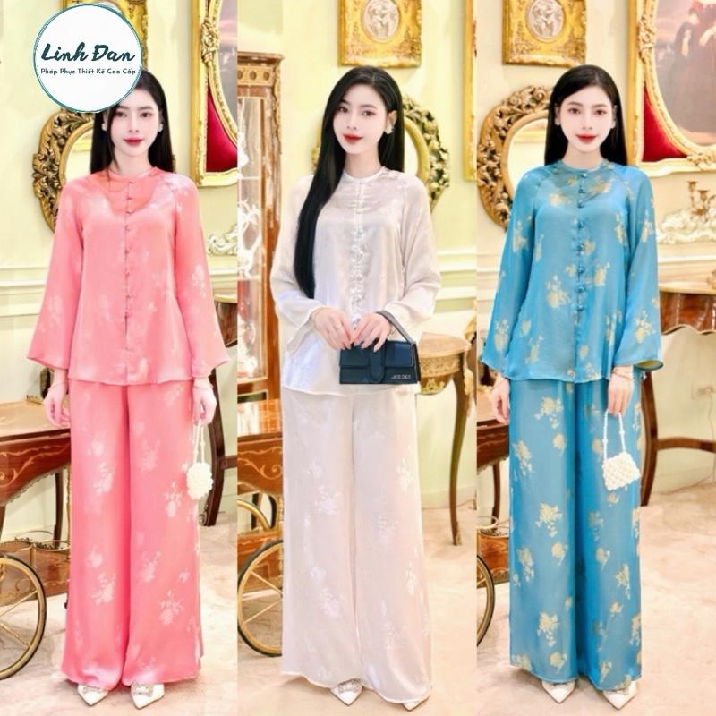 Linh Đan5 - Bộ quần áo đi lễ chùa sang trọng hàng thiết kế from dáng bà ba cổ tròn lụa Tằm hoa ánh kim bạc