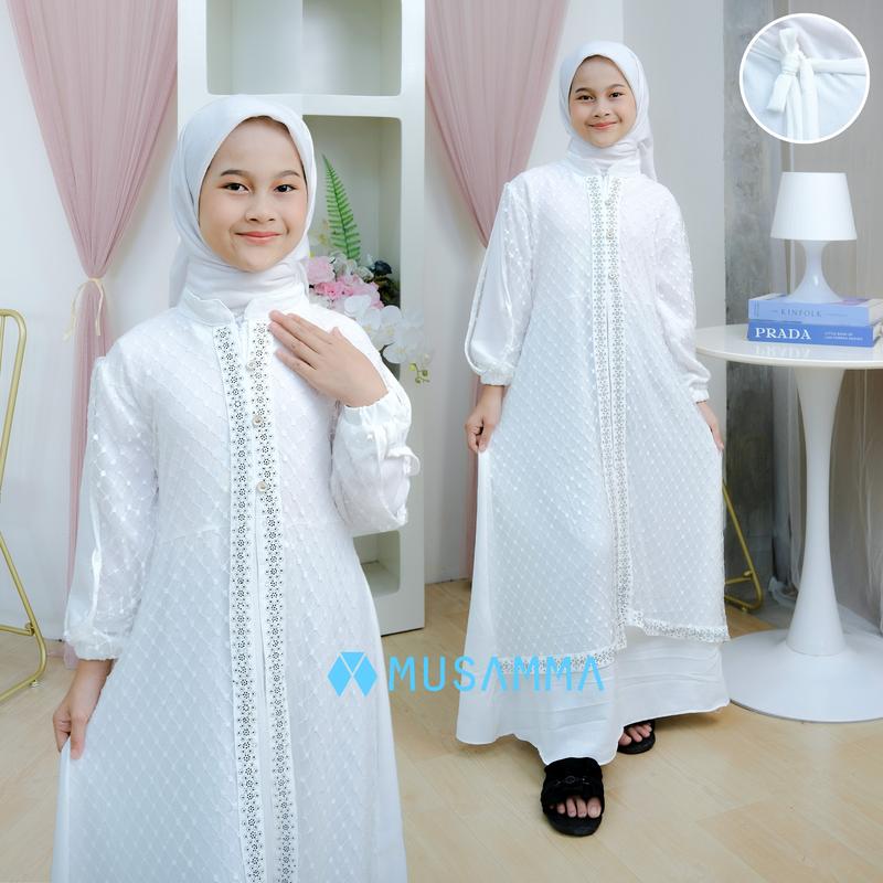 DRESS ANAK RAISA  - Gamis Crinkel Premium Mix Brokat Tile Malika Kancing aktif dan Wudhu Friendly dress anak tanggung 8
