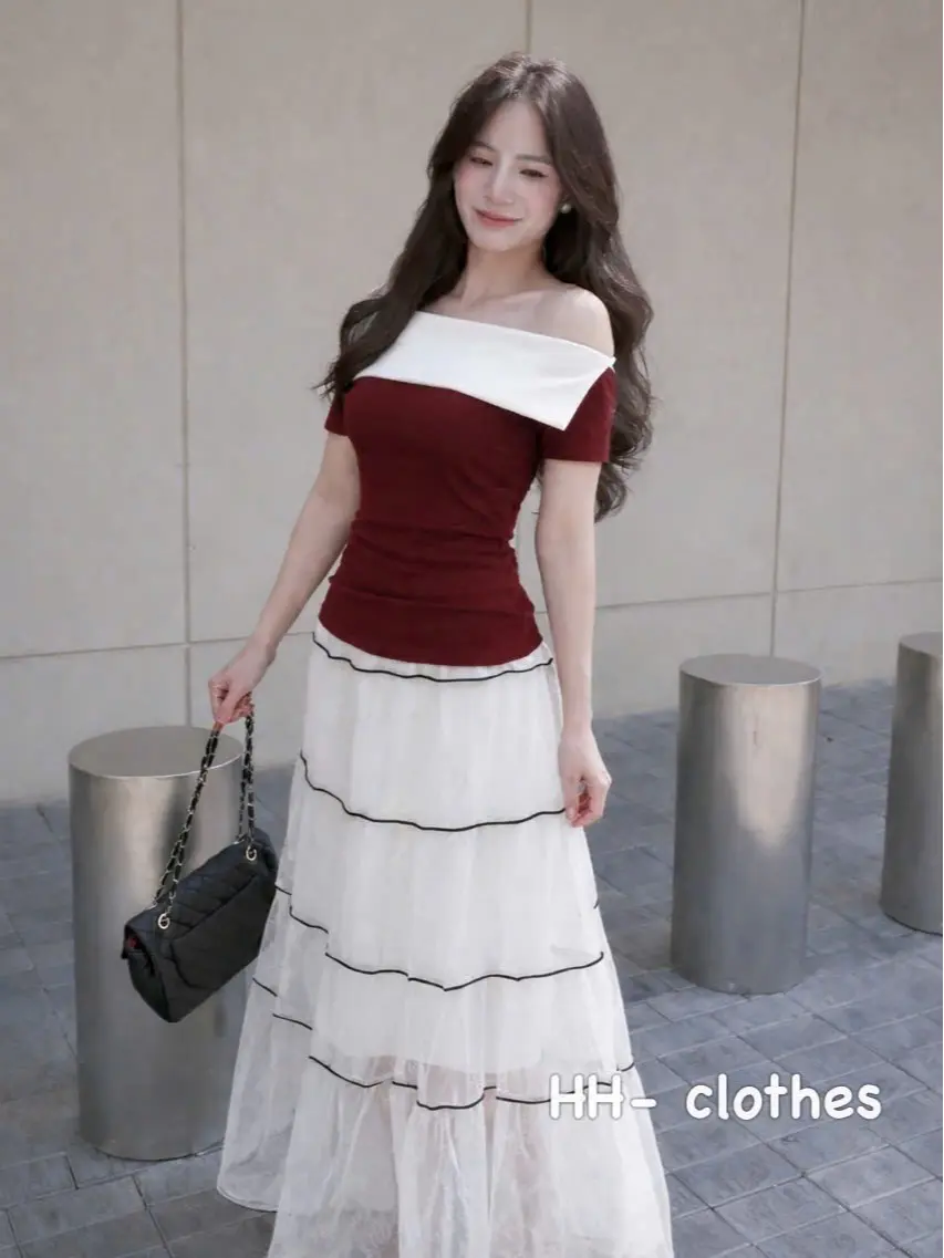 HL06 Áo Trễ Vai Nữ Phối Cổ Trắng Tay Ngắn Dáng Ôm Body Tôn Dáng Phong Cách Hàn Quốc | BigBuy360 - bigbuy360.vn