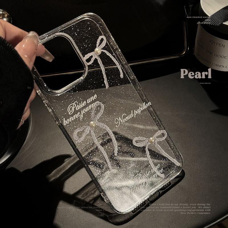 Product Introduction of Sparkly Pearl Bow Glitter Clear Full-Edge Protective Anti-Scratch Phone Case for iPhone 11/12/13/14/15/16 Pro/15 Pro Max Shockproof Anti-Drop Smartphone Case for Women 15